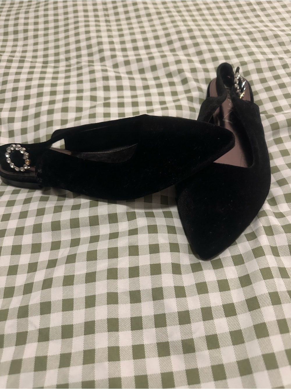London Fog Black Velvet Pointed Slingback Flats with Rhinestone Buckle